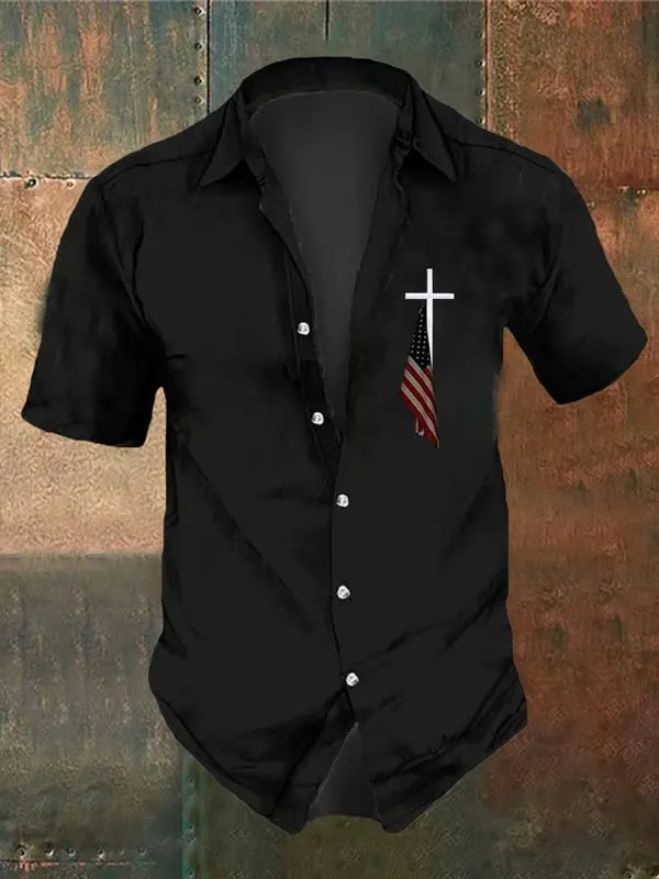 Christianartworkshop Men's Vintage Flag Cross Print Shirt sold by Christian Art Workshop