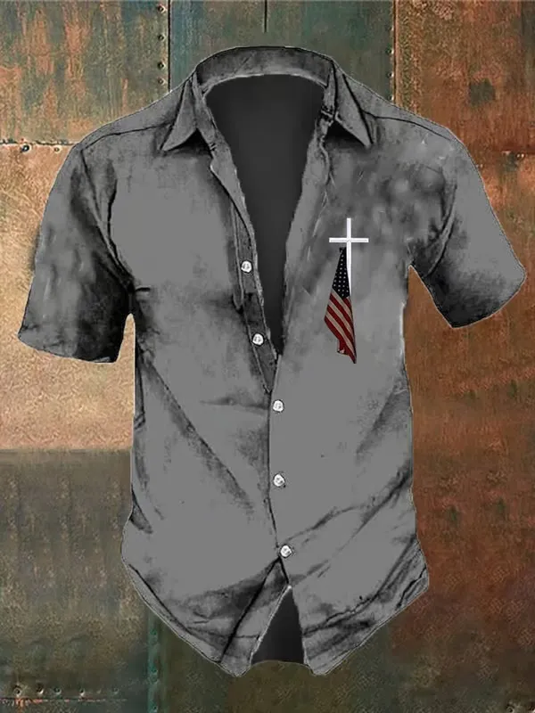 Christianartworkshop Men's Vintage Flag Cross Print Shirt sold by Christian Art Workshop product image thumbnail 2