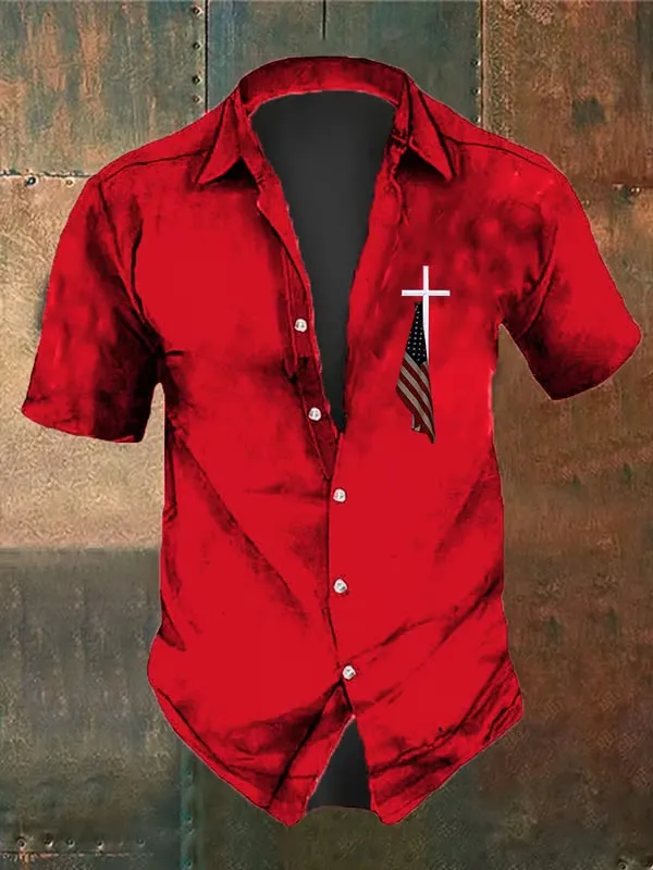 Christianartworkshop Men's Vintage Flag Cross Print Shirt sold by Christian Art Workshop product image thumbnail 4