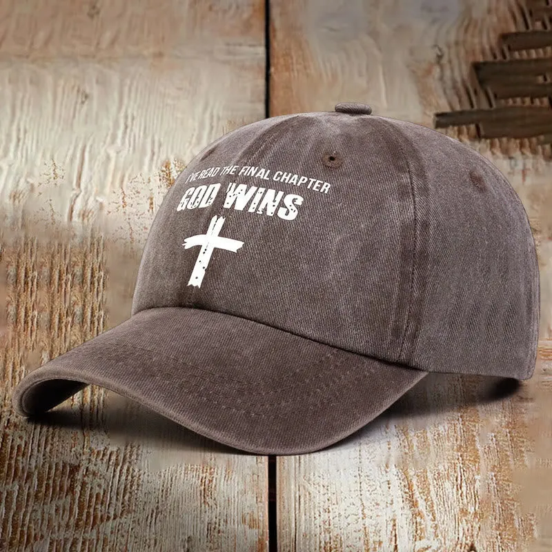 Christianartworkshop God Wins Unisex Distressed Washed Cotton Hat sold by Christian Art Workshop product image thumbnail 4