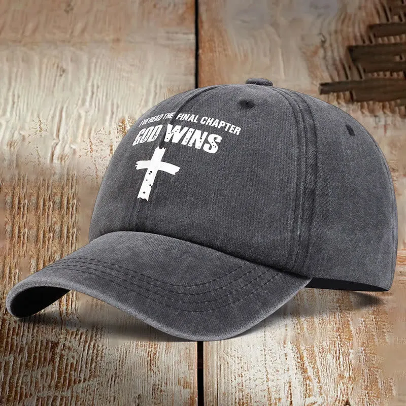 Christianartworkshop God Wins Unisex Distressed Washed Cotton Hat sold by Christian Art Workshop product image thumbnail 2