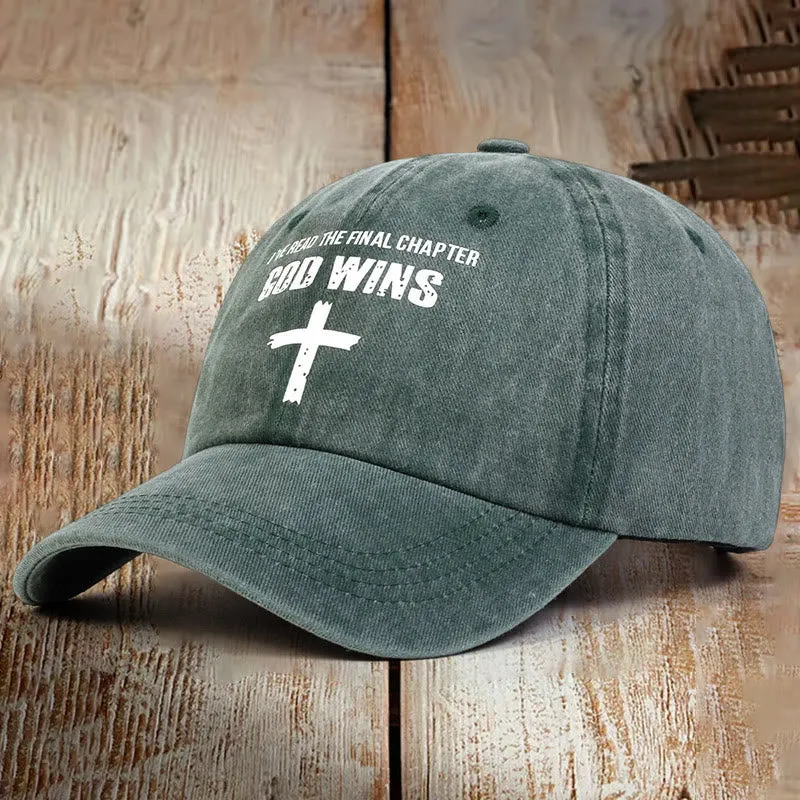 Christianartworkshop God Wins Unisex Distressed Washed Cotton Hat sold by Christian Art Workshop product image thumbnail 5