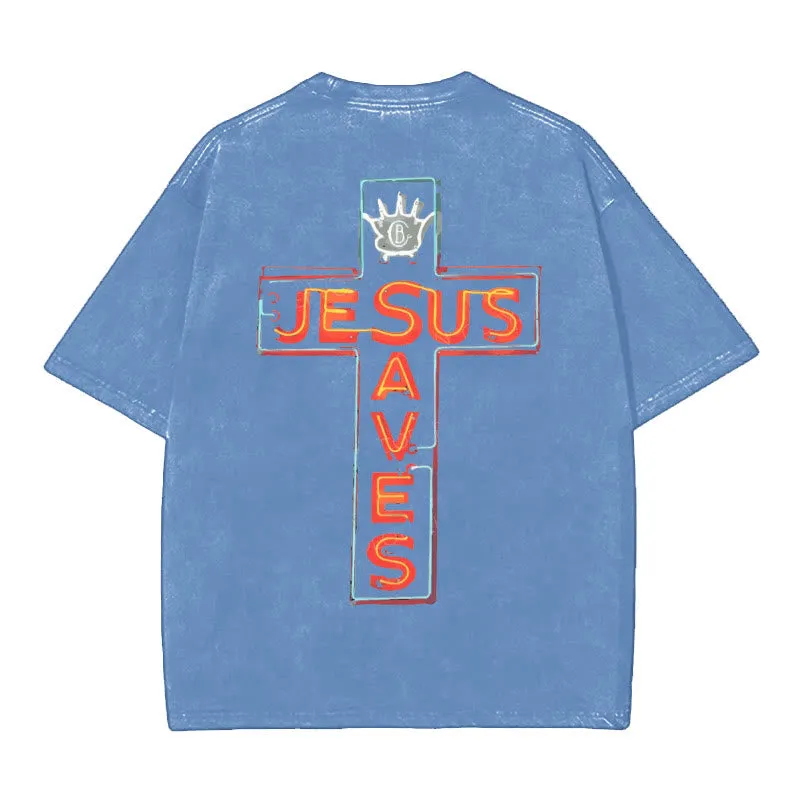 Christianartworkshop Jesus Saves Cross Graphic Unisex Washed T-Shirt sold by Christian Art Workshop