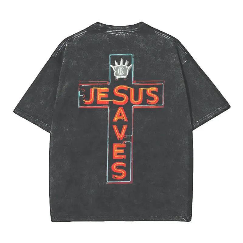 Christianartworkshop Jesus Saves Cross Graphic Unisex Washed T-Shirt sold by Christian Art Workshop product image thumbnail 4