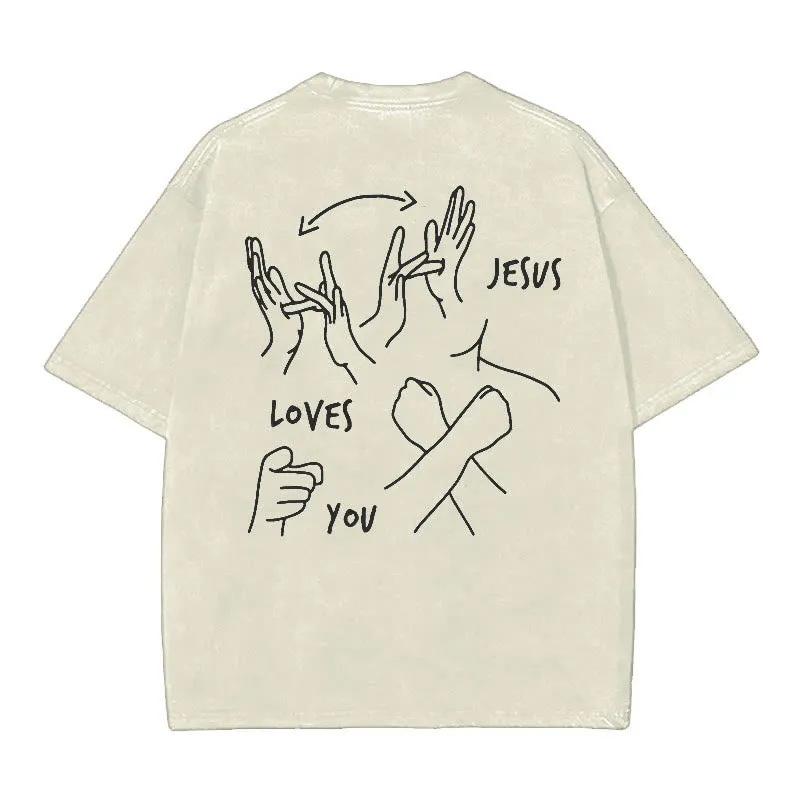 Christianartworkshop Jesus Loves You Washed T-Shirt sold by Christian Art Workshop