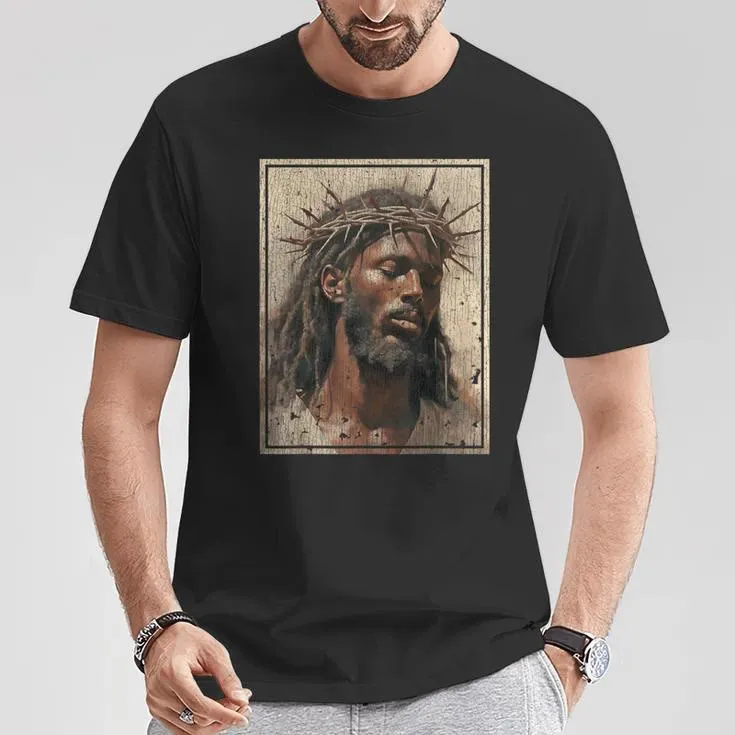 Christianartworkshop NEW Black Jesus Shirt Face Of Jesus Cross With Crown Of Thorns T-Shirt sold by Christian Art Workshop product image thumbnail 3