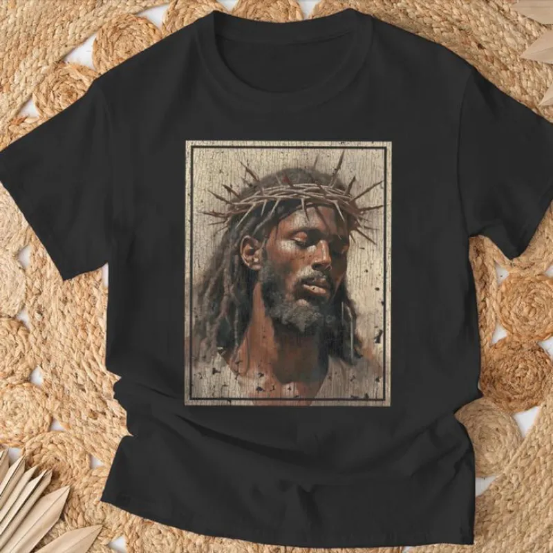 Christianartworkshop NEW Black Jesus Shirt Face Of Jesus Cross With Crown Of Thorns T-Shirt sold by Christian Art Workshop