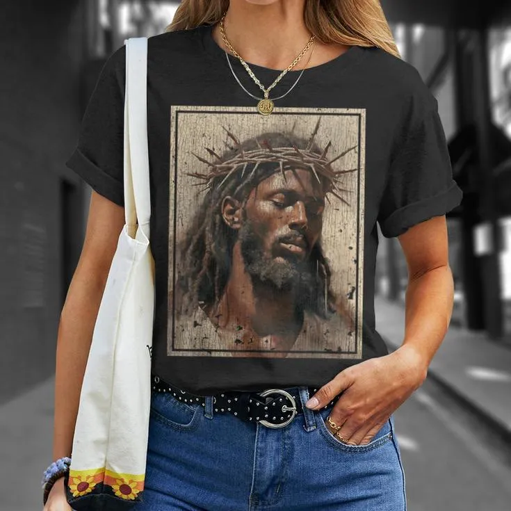 Christianartworkshop NEW Black Jesus Shirt Face Of Jesus Cross With Crown Of Thorns T-Shirt sold by Christian Art Workshop product image thumbnail 2