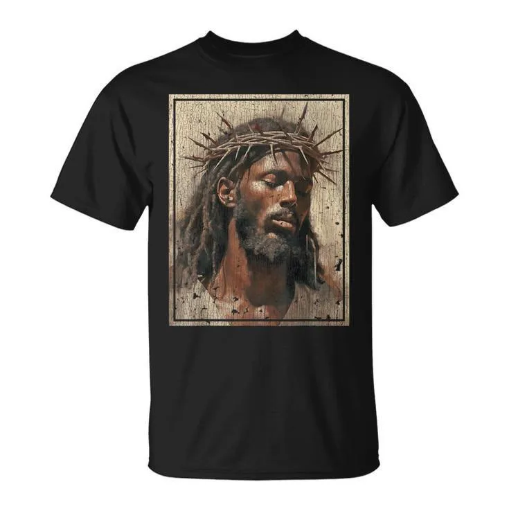 Christianartworkshop NEW Black Jesus Shirt Face Of Jesus Cross With Crown Of Thorns T-Shirt sold by Christian Art Workshop product image thumbnail 4