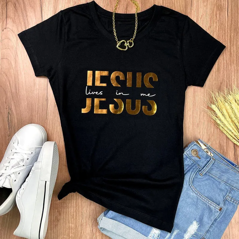 Christianartworkshop Glamorous Faith Jesus Lives in Me Gold Text Christian T-Shirt sold by Christian Art Workshop product image thumbnail 2