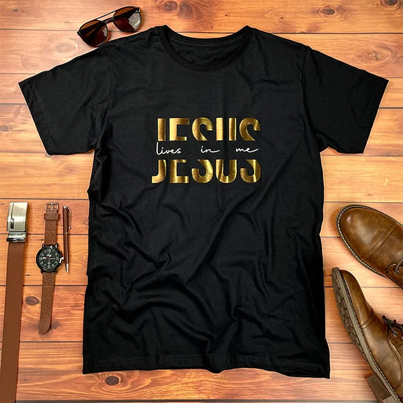 Christianartworkshop Glamorous Faith Jesus Lives in Me Gold Text Christian T-Shirt sold by Christian Art Workshop