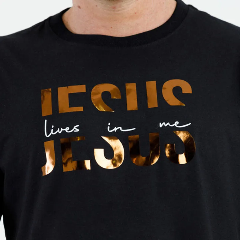 Christianartworkshop Glamorous Faith Jesus Lives in Me Gold Text Christian T-Shirt sold by Christian Art Workshop product image thumbnail 5