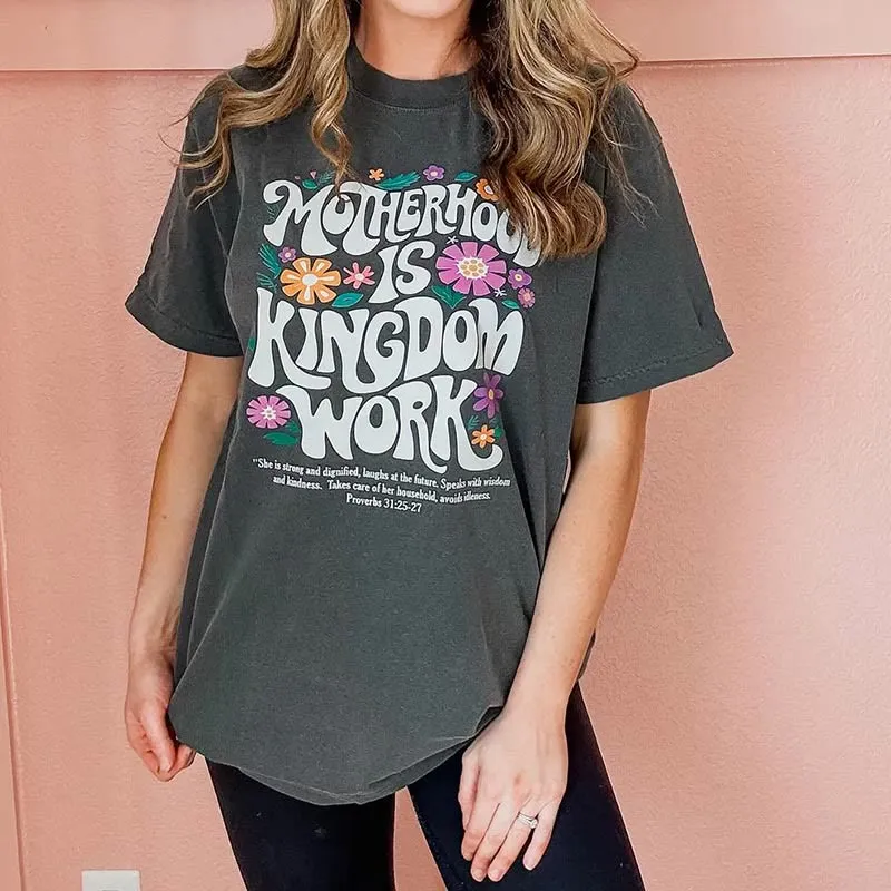 Christianartworkshop Motherhood is Kingdom Work with Flowers Unisex Washed T-Shirt sold by Christian Art Workshop