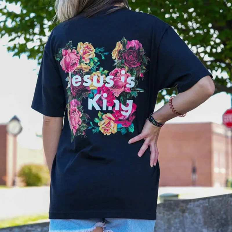 Christianartworkshop Floral Embellished Jesus is King Christian T-Shirt sold by Christian Art Workshop product image thumbnail 4