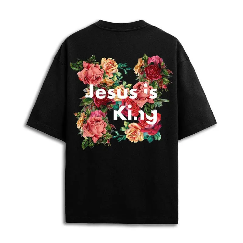 Christianartworkshop Floral Embellished Jesus is King Christian T-Shirt sold by Christian Art Workshop