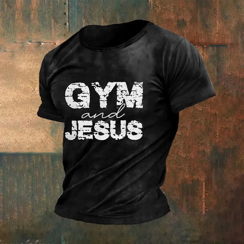 Christianartworkshop Men's Retro Gym And Faith Print Casual Round Neck T-Shirt sold by Christian Art Workshop product image thumbnail 2