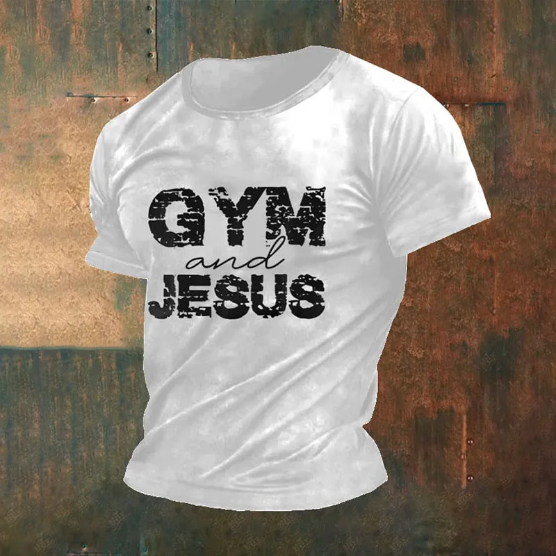 Christianartworkshop Men's Retro Gym And Faith Print Casual Round Neck T-Shirt sold by Christian Art Workshop product image thumbnail 3
