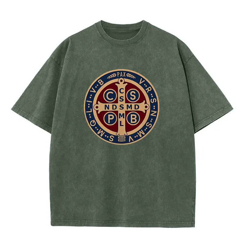 Christianartworkshop St. Benedict Medal Holy Cross Unisex Washed T-Shirt sold by Christian Art Workshop product image thumbnail 4