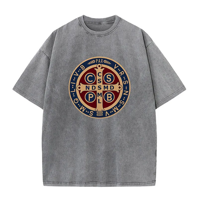 Christianartworkshop St. Benedict Medal Holy Cross Unisex Washed T-Shirt sold by Christian Art Workshop product image thumbnail 3