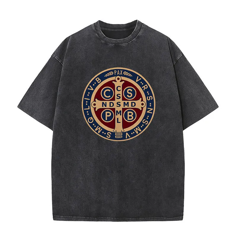 Christianartworkshop St. Benedict Medal Holy Cross Unisex Washed T-Shirt sold by Christian Art Workshop