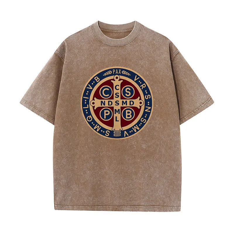 Christianartworkshop St. Benedict Medal Holy Cross Unisex Washed T-Shirt sold by Christian Art Workshop product image thumbnail 5