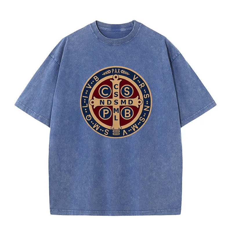Christianartworkshop St. Benedict Medal Holy Cross Unisex Washed T-Shirt sold by Christian Art Workshop product image thumbnail 2