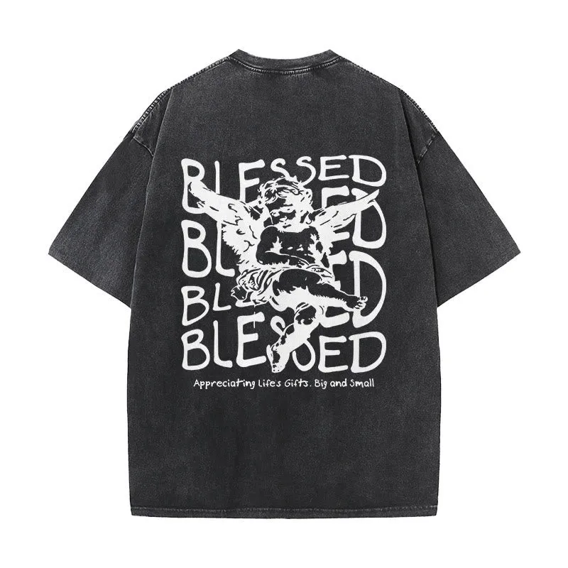 Christianartworkshop Inspired Blessed T-Shirt with Cherub Design Unisex Washed T-Shirt sold by Christian Art Workshop product image thumbnail 4