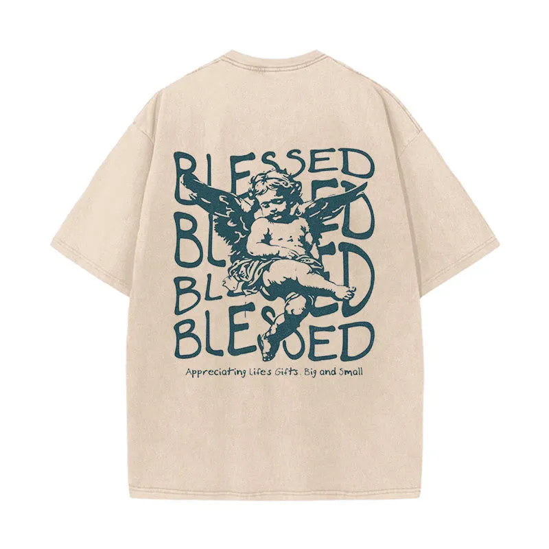 Christianartworkshop Inspired Blessed T-Shirt with Cherub Design Unisex Washed T-Shirt sold by Christian Art Workshop