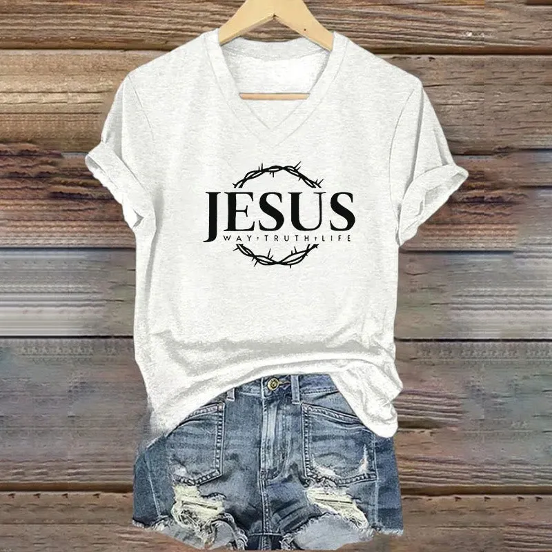 Christianartworkshop Women's Jesus Print Casual Print V-Neck T-shirt sold by Christian Art Workshop product image thumbnail 4