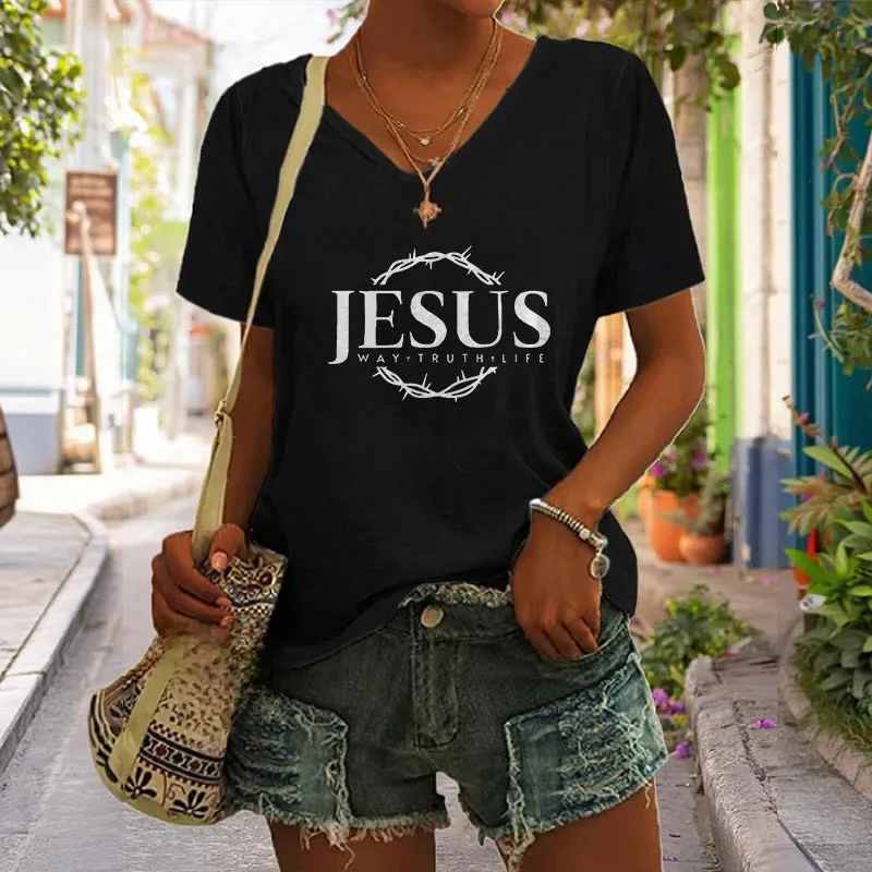 Christianartworkshop Women's Jesus Print Casual Print V-Neck T-shirt sold by Christian Art Workshop product image thumbnail 2