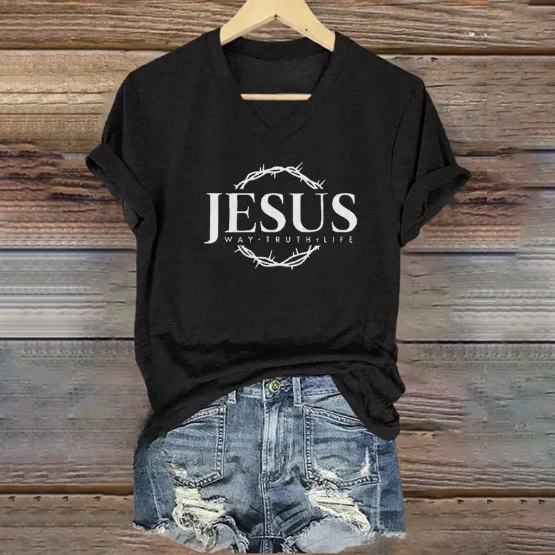 Christianartworkshop Women's Jesus Print Casual Print V-Neck T-shirt sold by Christian Art Workshop