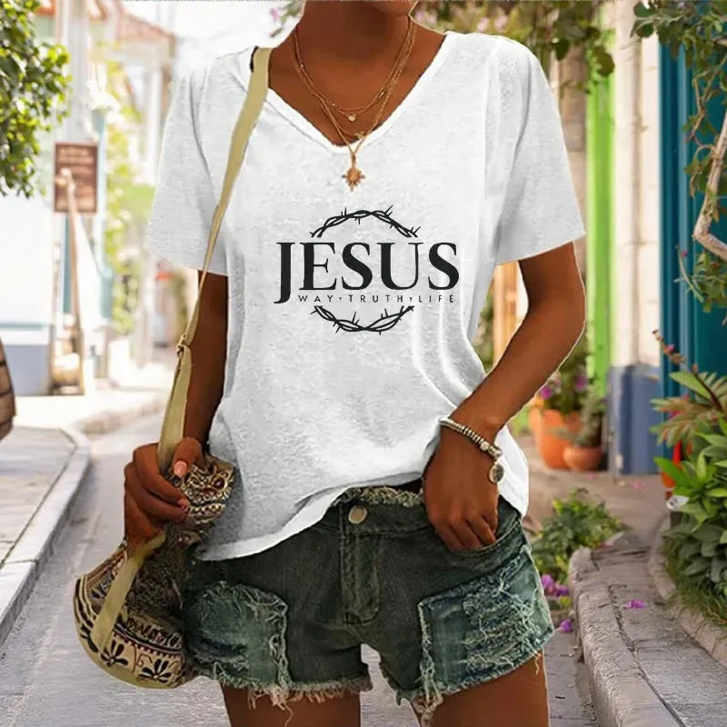 Christianartworkshop Women's Jesus Print Casual Print V-Neck T-shirt sold by Christian Art Workshop product image thumbnail 5