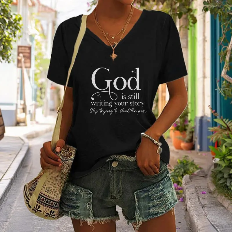 Christianartworkshop Women's God Is Still Writing Your Story Print V-Neck T-shirt sold by Christian Art Workshop product image thumbnail 5