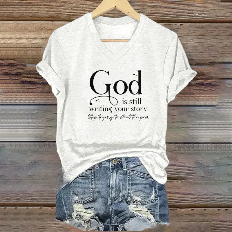 Christianartworkshop Women's God Is Still Writing Your Story Print V-Neck T-shirt sold by Christian Art Workshop