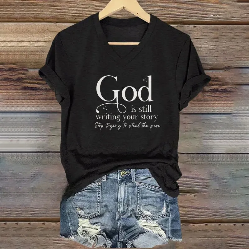 Christianartworkshop Women's God Is Still Writing Your Story Print V-Neck T-shirt sold by Christian Art Workshop product image thumbnail 4