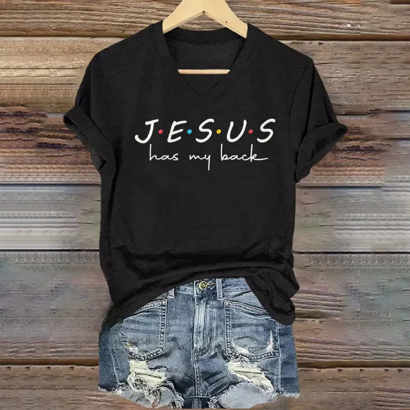 Christianartworkshop Women's Jesus Has My Back Print V-Neck T-shirt sold by Christian Art Workshop
