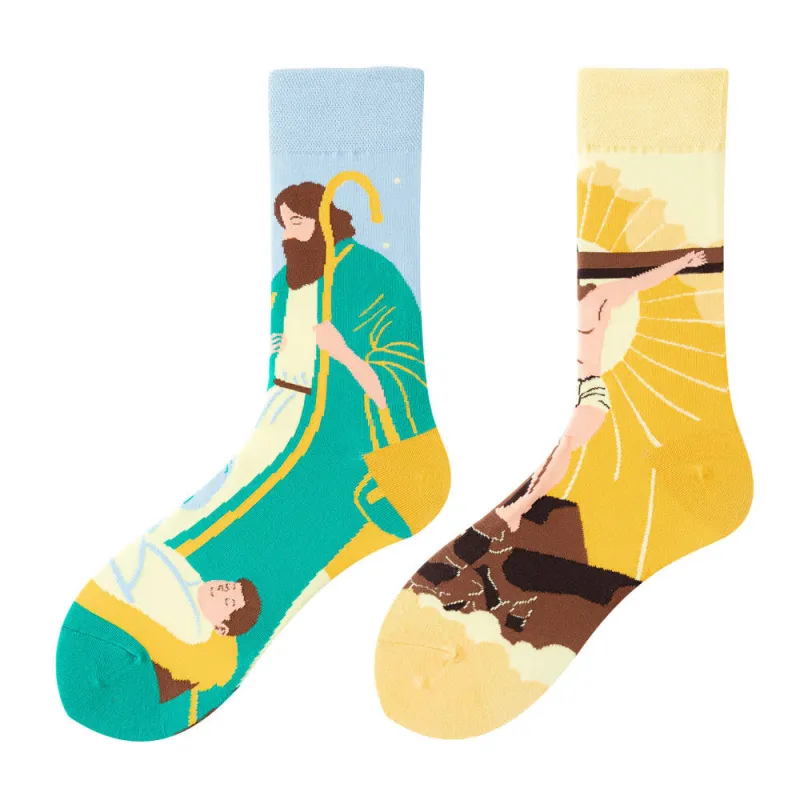 Christianartworkshop Nativity & Crucifix in Colorful Holy Christian Unisex Socks: Colorful Narratives of Faith sold by Christian Art Workshop