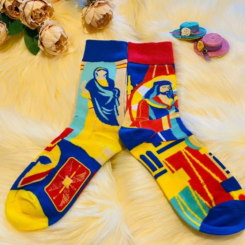 Christianartworkshop Colorful Religious Art Virgin Mary Unisex Socks: Retro Design, Exclusive Faith Flair sold by Christian Art Workshop