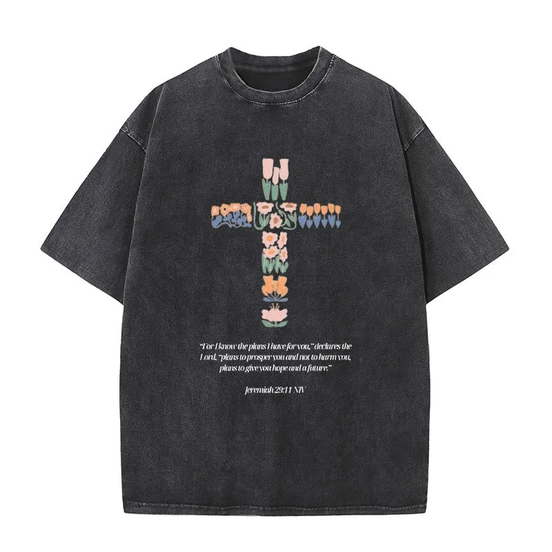 Christianartworkshop Floral Cross with Jeremiah Verse Unisex Washed T-shirt sold by Christian Art Workshop