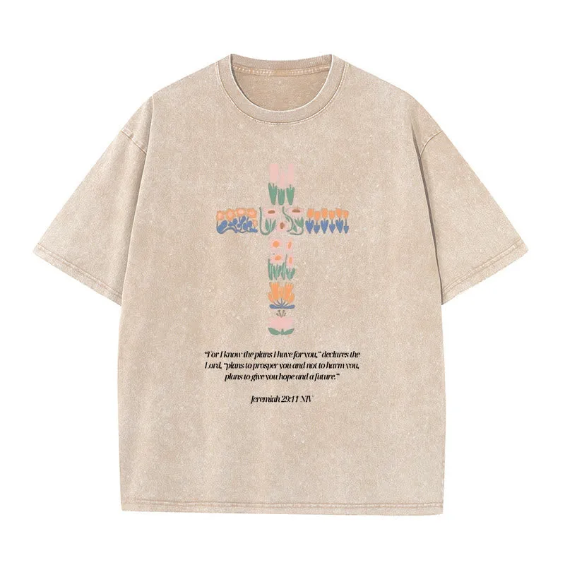 Christianartworkshop Floral Cross with Jeremiah Verse Unisex Washed T-shirt sold by Christian Art Workshop product image thumbnail 3
