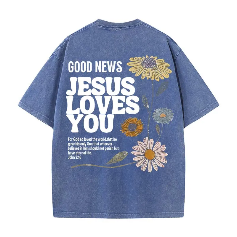 Christianartworkshop Good News Jesus Loves You Unisex Washed T-shirt sold by Christian Art Workshop product image thumbnail 4