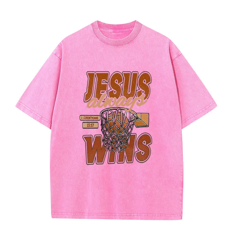 Christianartworkshop Jesus Always Wins Basketball Graphic Unisex Washed T-shirt sold by Christian Art Workshop product image thumbnail 5