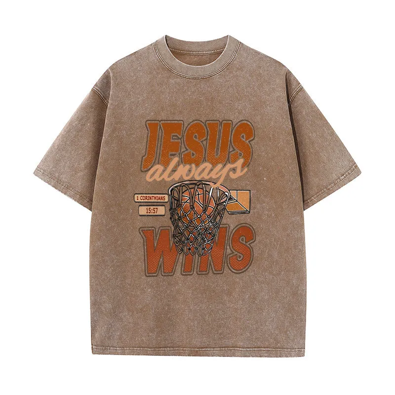 Christianartworkshop Jesus Always Wins Basketball Graphic Unisex Washed T-shirt sold by Christian Art Workshop product image thumbnail 3