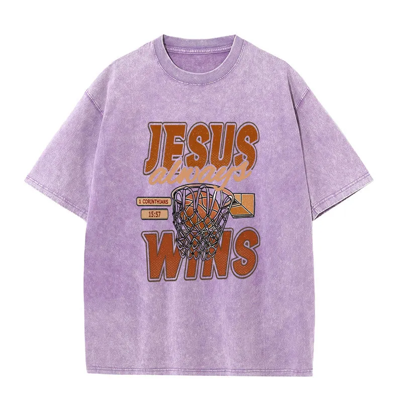 Christianartworkshop Jesus Always Wins Basketball Graphic Unisex Washed T-shirt sold by Christian Art Workshop product image thumbnail 4