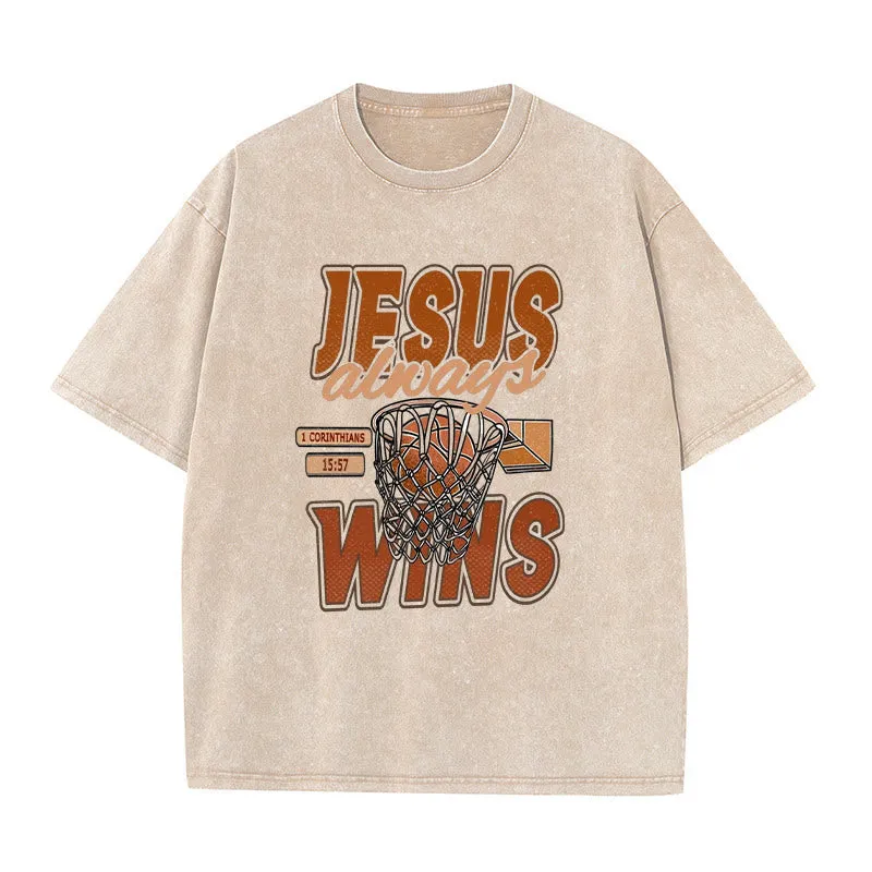 Christianartworkshop Jesus Always Wins Basketball Graphic Unisex Washed T-shirt sold by Christian Art Workshop