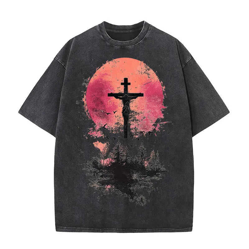 Christianartworkshop Divine Crucifix Over Nature Landscape Unisex Washed T-shirt sold by Christian Art Workshop product image thumbnail 4