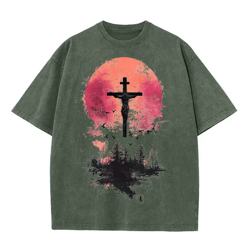 Christianartworkshop Divine Crucifix Over Nature Landscape Unisex Washed T-shirt sold by Christian Art Workshop product image thumbnail 5