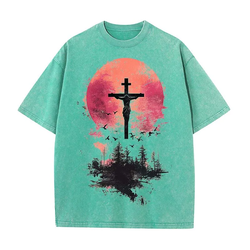 Christianartworkshop Divine Crucifix Over Nature Landscape Unisex Washed T-shirt sold by Christian Art Workshop product image thumbnail 3