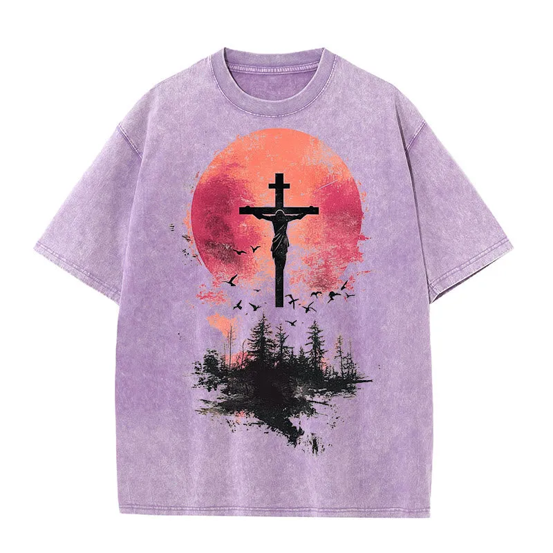 Christianartworkshop Divine Crucifix Over Nature Landscape Unisex Washed T-shirt sold by Christian Art Workshop