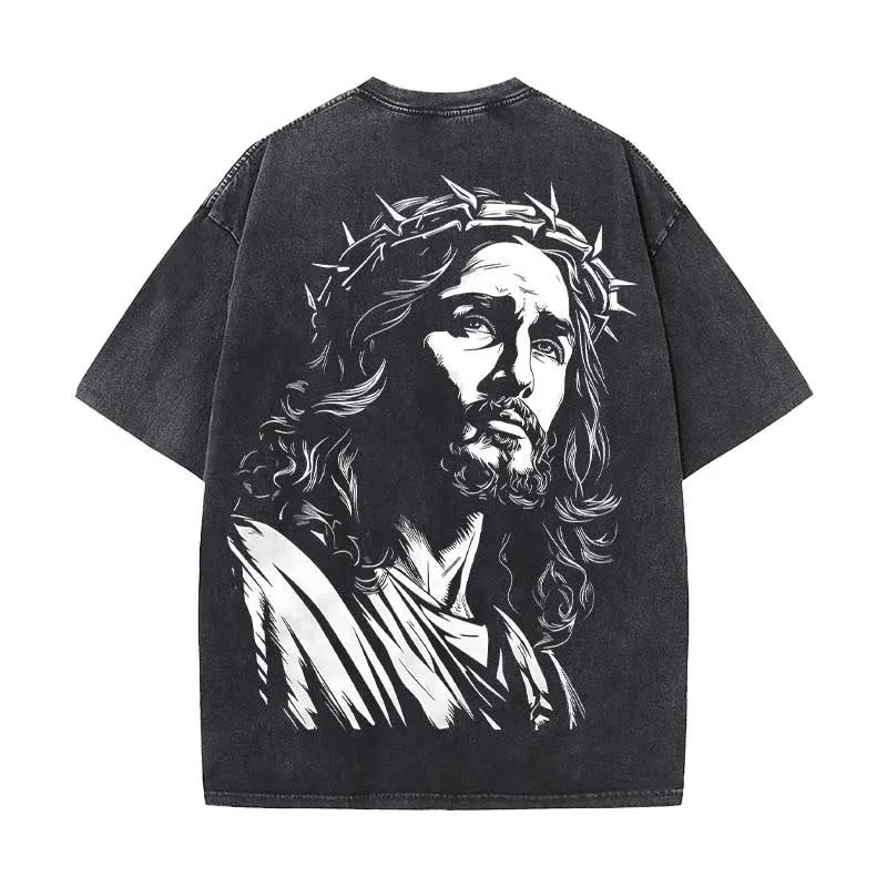 Christianartworkshop Vintage Style Jesus Christ Unisex Washed T-shirt sold by Christian Art Workshop product image thumbnail 4